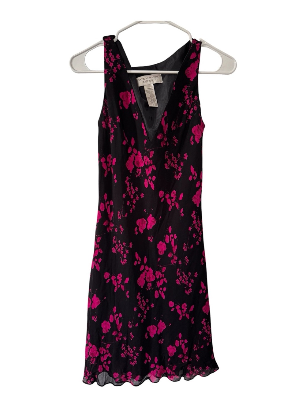 Jones New York Black & Fuchsia Floral V-Neck Slip Dress Sleeveless Size 4